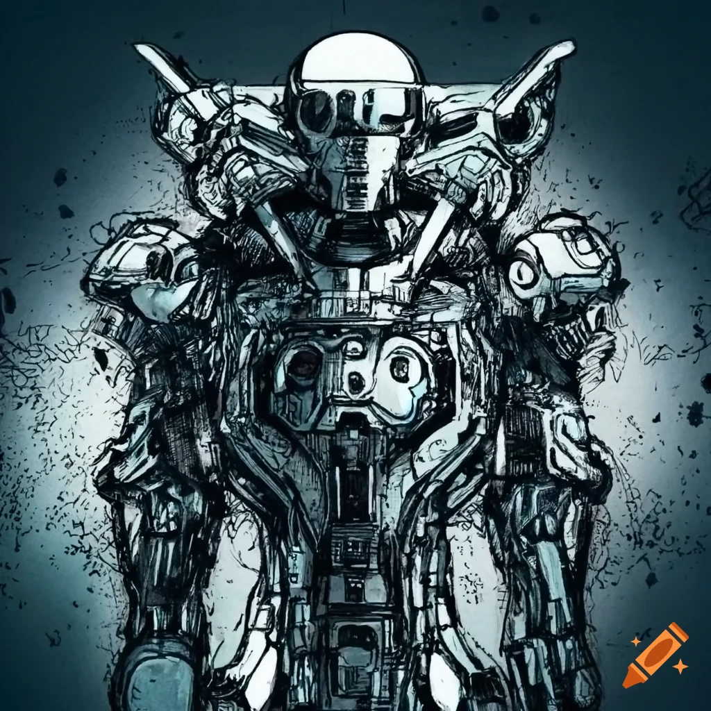 Detailed ink drawing of futuristic metal robot on futuristic plan