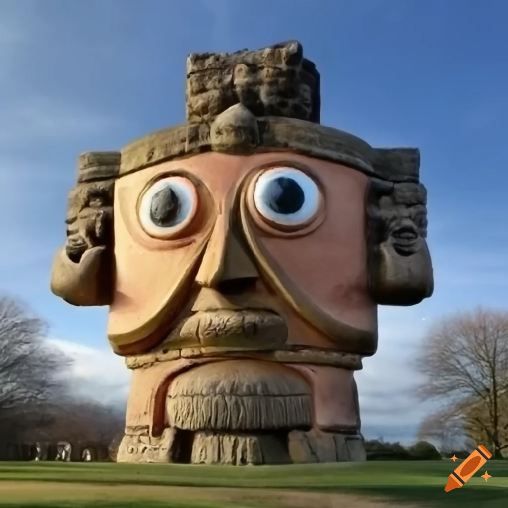 Artistic fusion of Frank Sidebottom's face on the Coatlicue statue