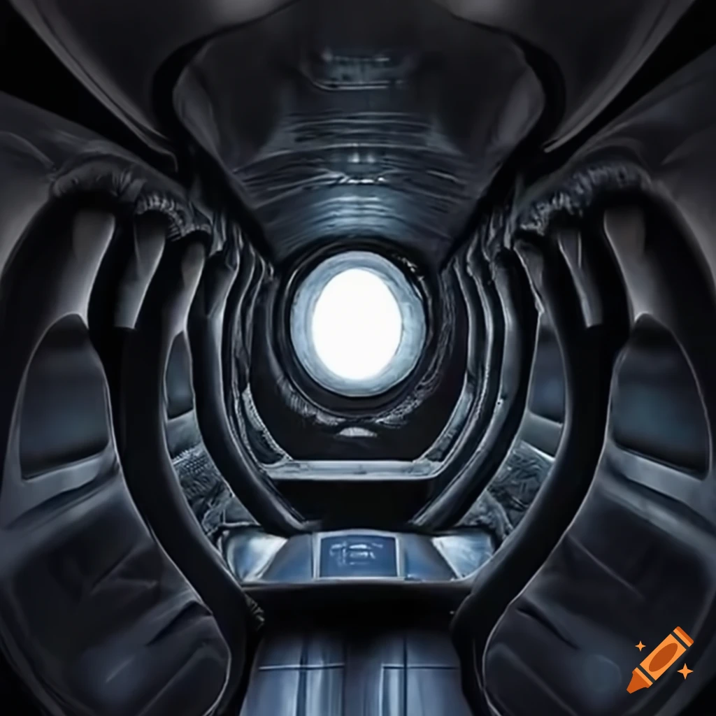 Interior of an airplane with a dark void at the back