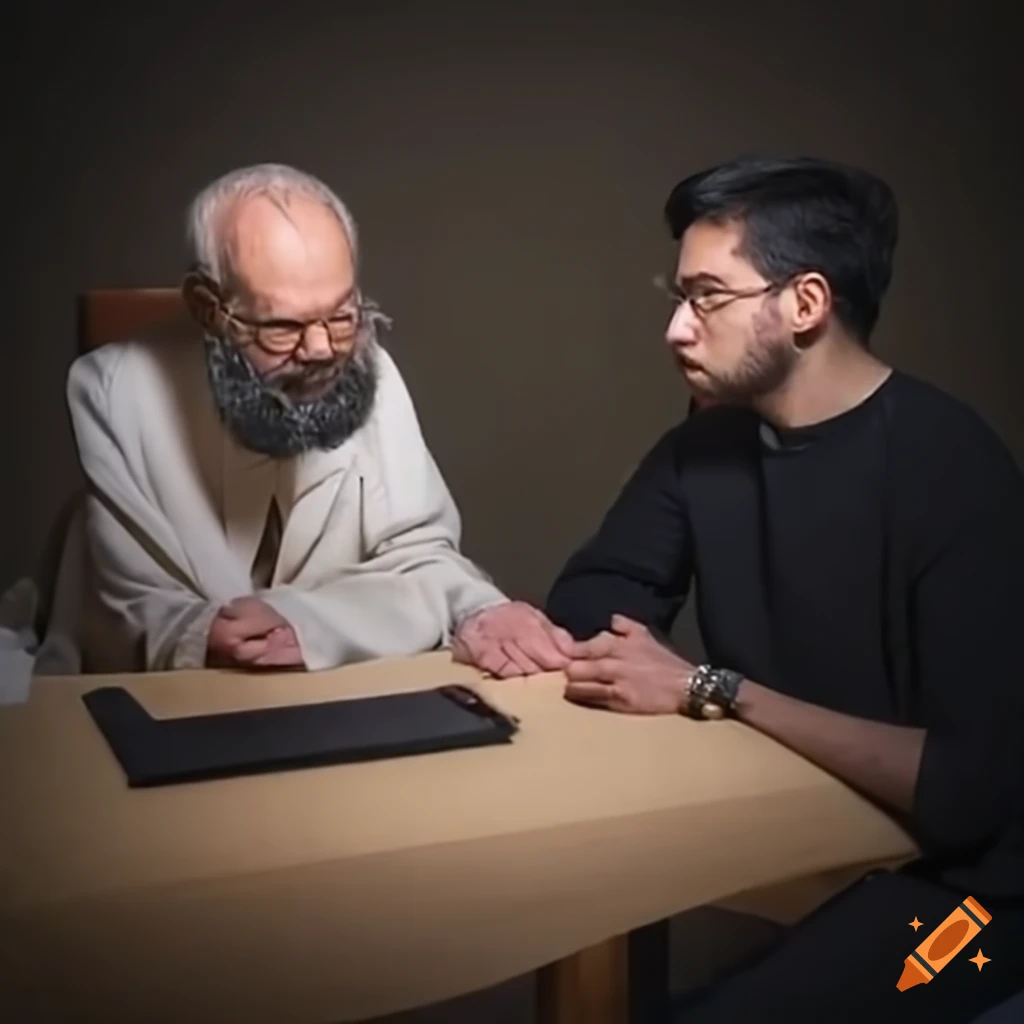 Dialogue between a religious scholar and an atheist discussing the existence of God