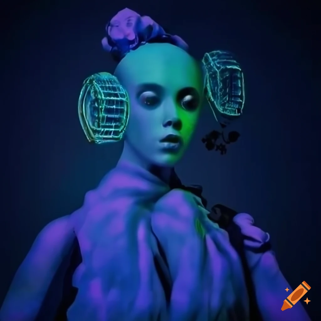 Surrealist aliens inside an asymmetric organic spaceship with vintage 1960s Christmas show featuring The Fabulettes