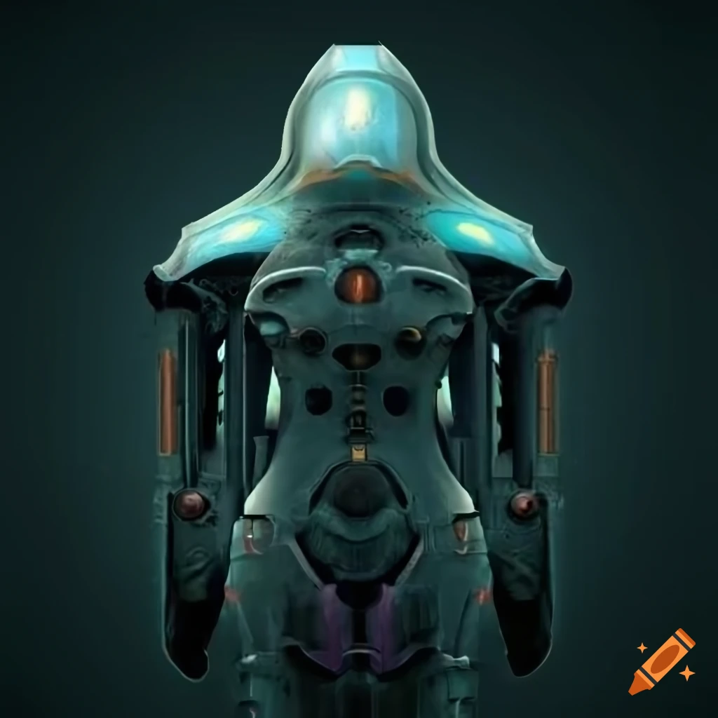 Surrealist scene inside an asymmetric organic spaceship with alien machines
