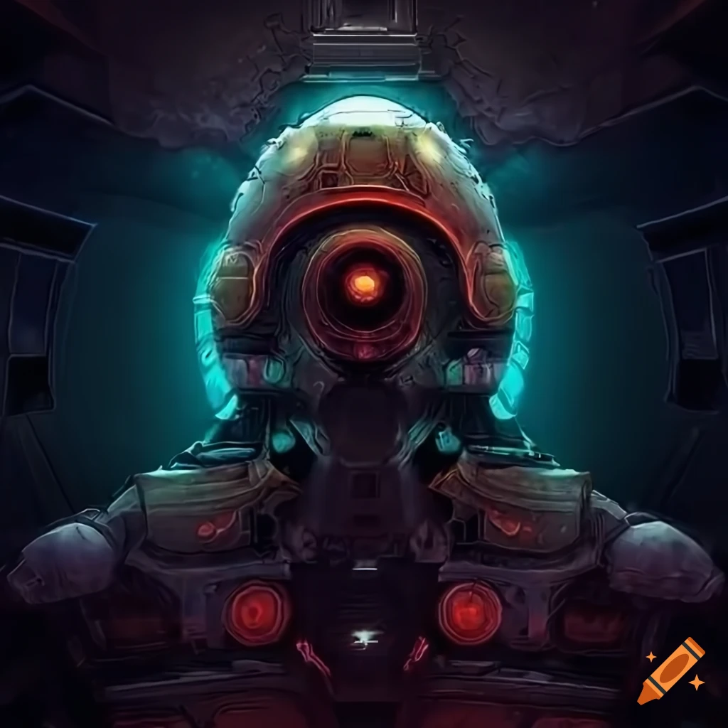 Surrealist aliens inside organic spaceship with strange machines and light boards
