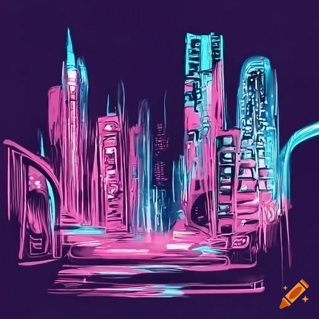 Futuristic city with neon lights and flying cars
