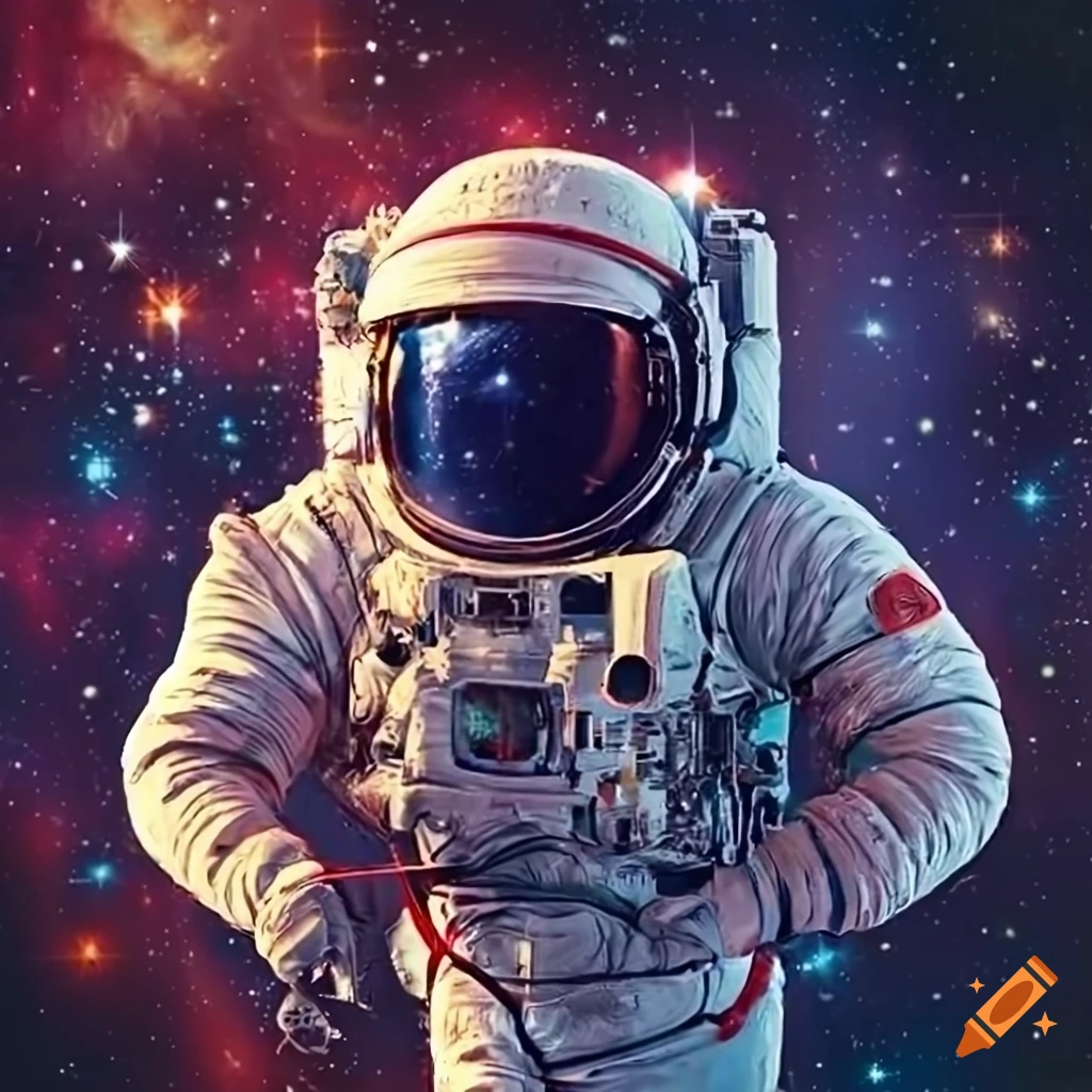 Astronaut in space forming an L, wearing headphones in a music galaxy