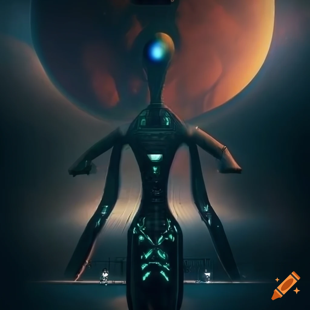 Surrealist aliens inside an asymmetrical organic spaceship with strange machines and light boards
