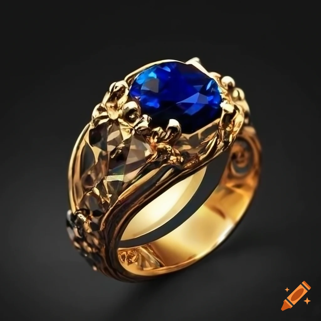 Exquisite golden ring with ornate design and eerie sapphire