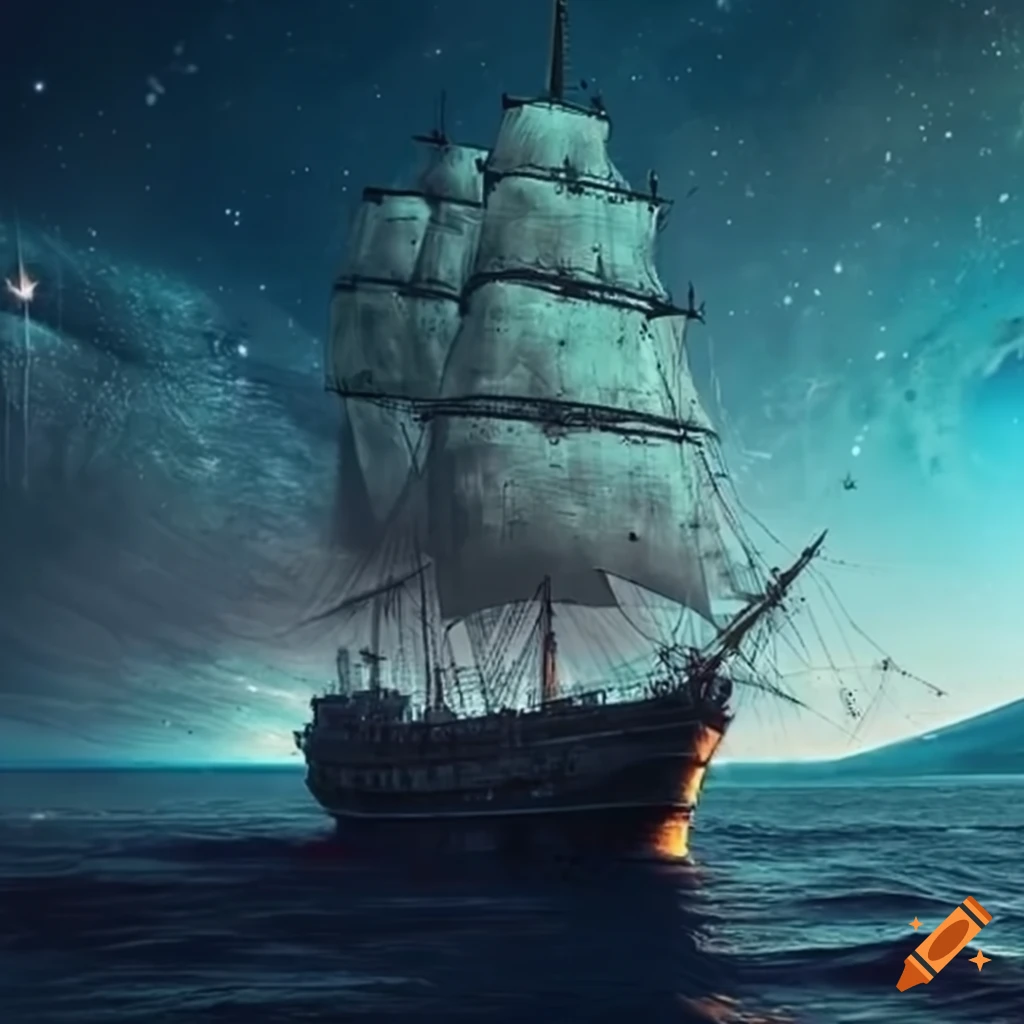Old ship traveling through space