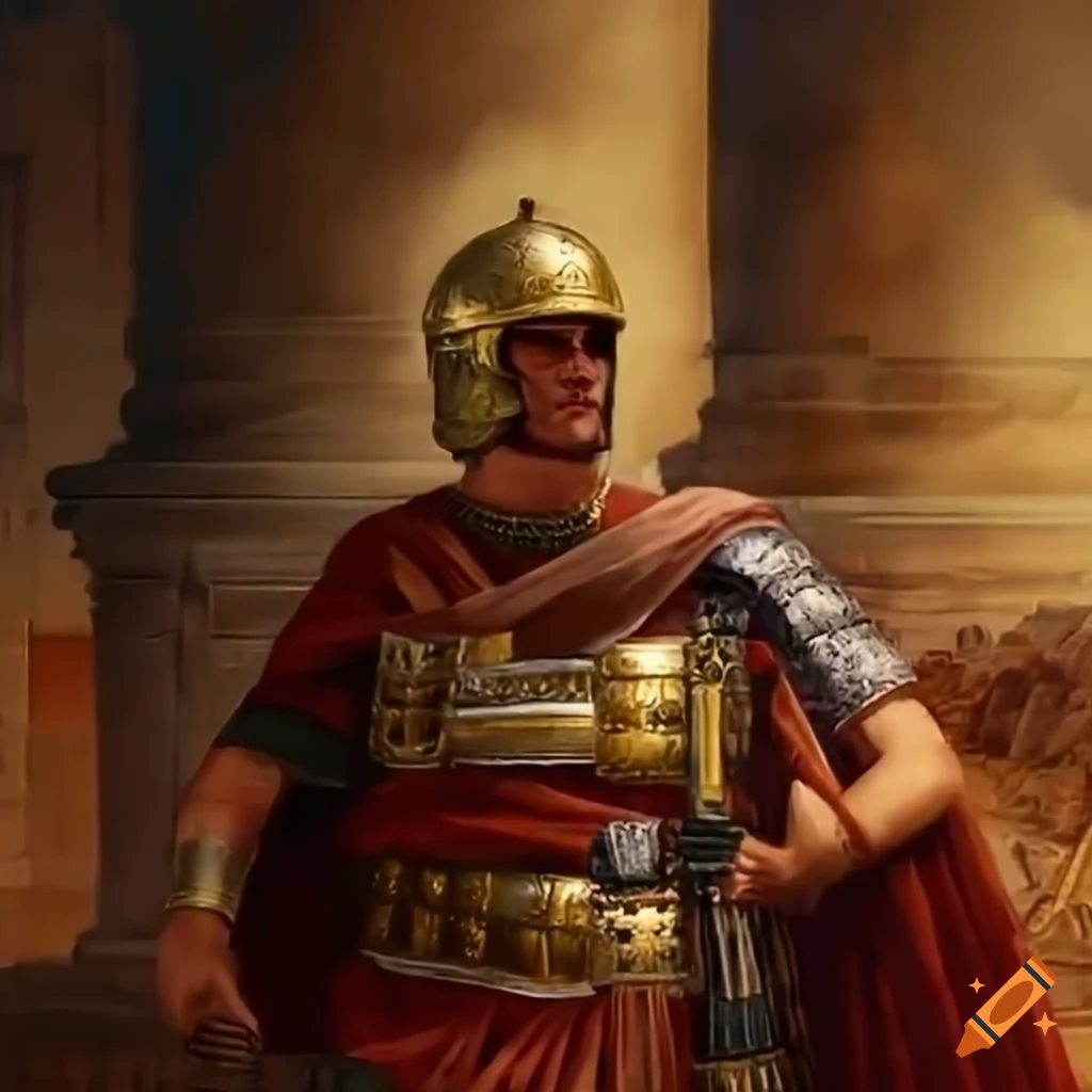 Ancient Roman soldier in front of a temple in a historic painting