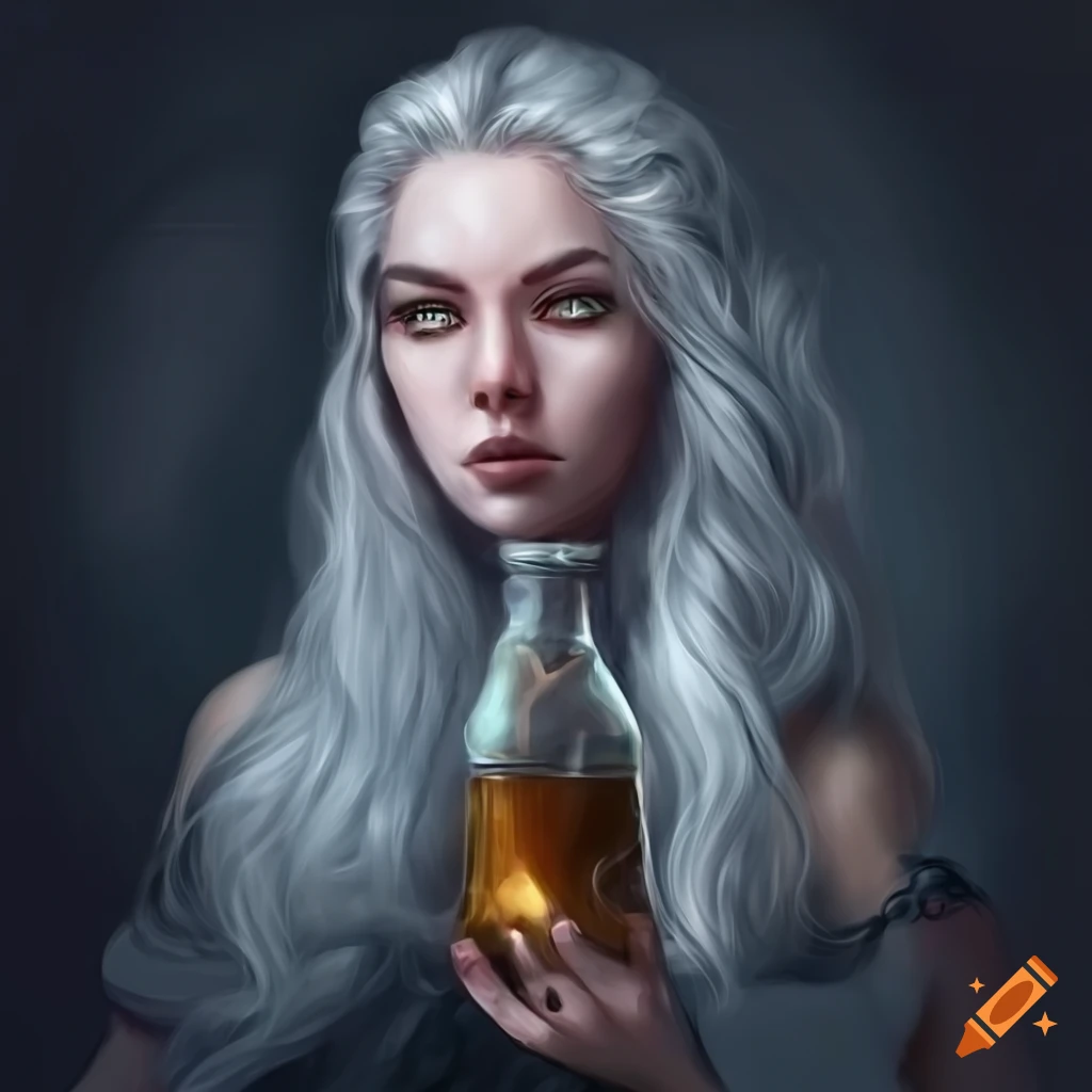 Sorceress with silver hair holding alchemy bottle in a fantasy setting