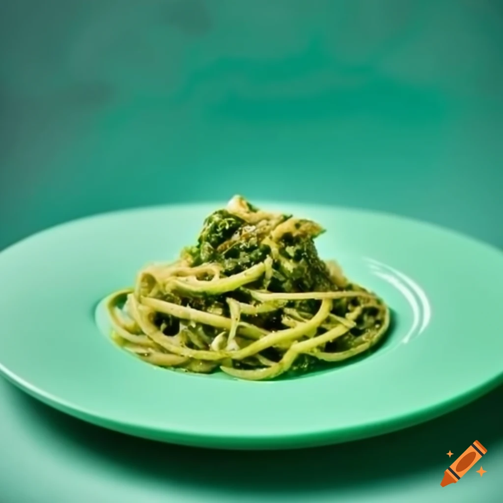 Appetizing pesto pasta on a mint green plate