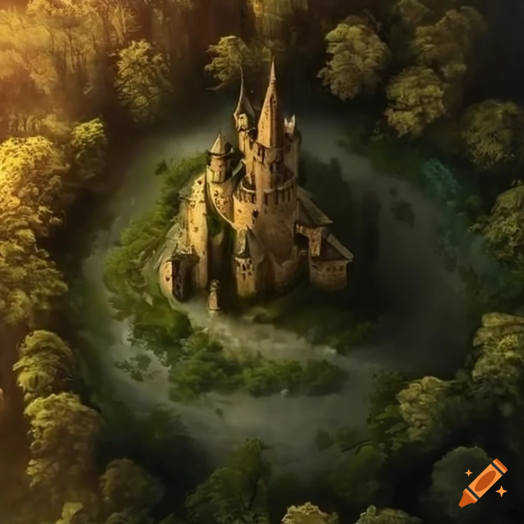 Bird's eye view of a castle in a forest in a fantasy setting