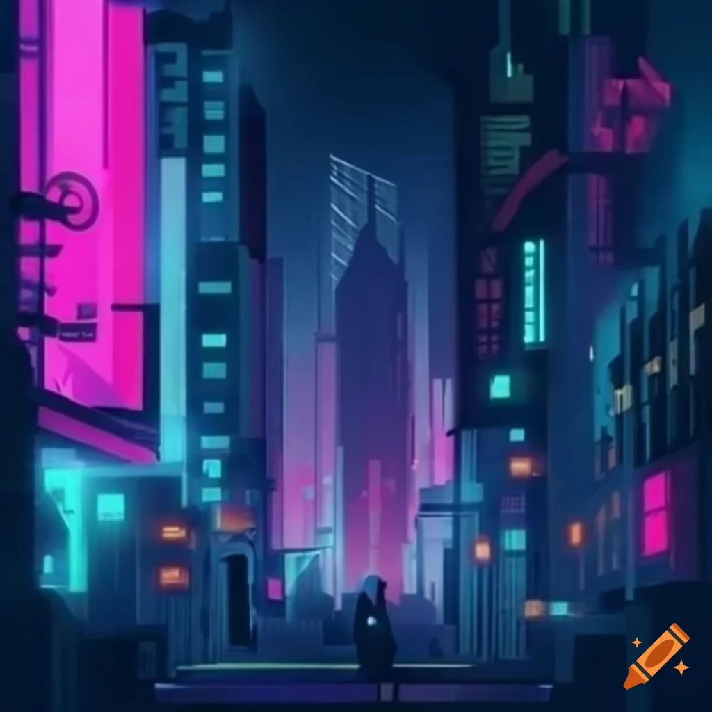 Dystopian cyberpunk city with darkness and neon lights