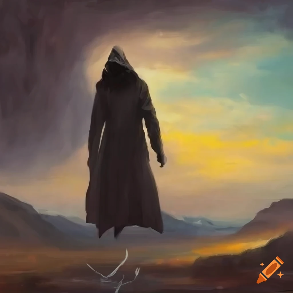 Hooded man floating above a desolate valley in retro fantasy art