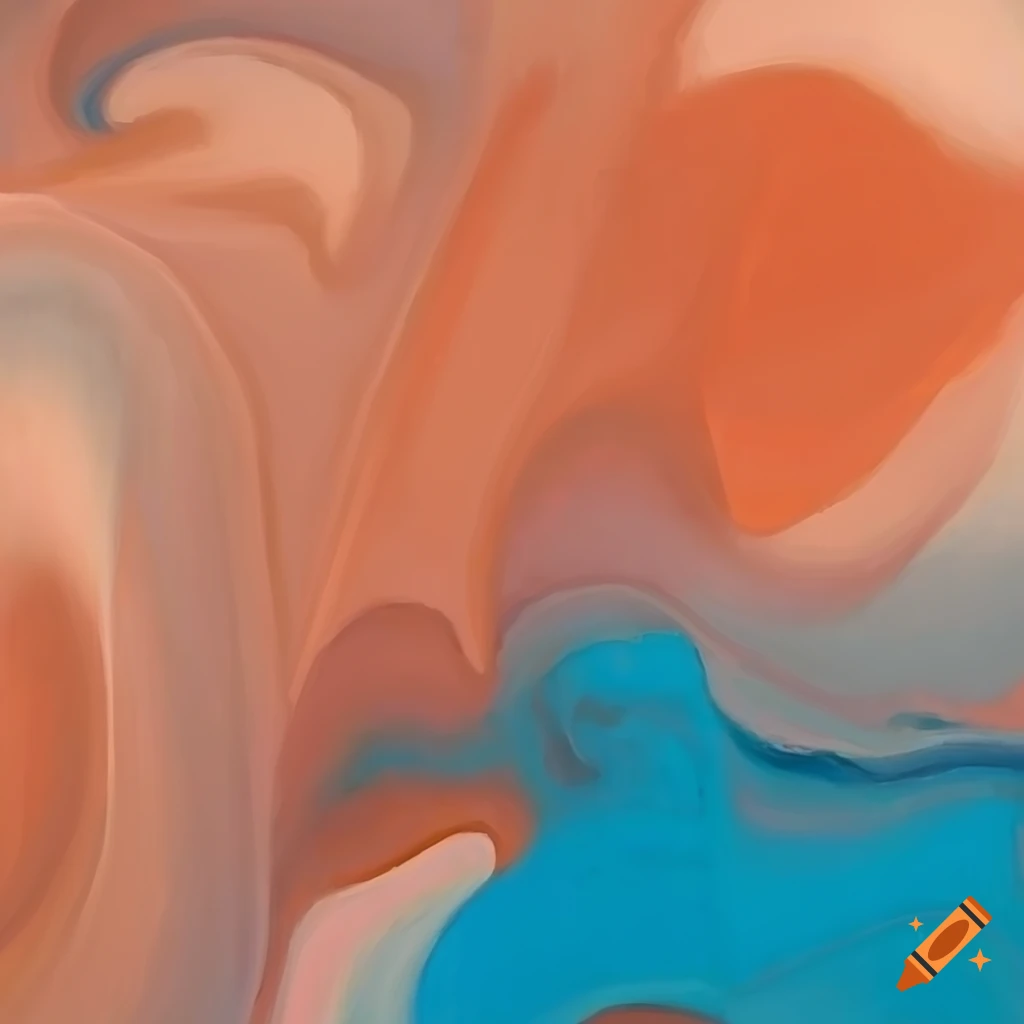 Abstract painting with flowing light red, light blue, light grey, light peach, and light orange colors