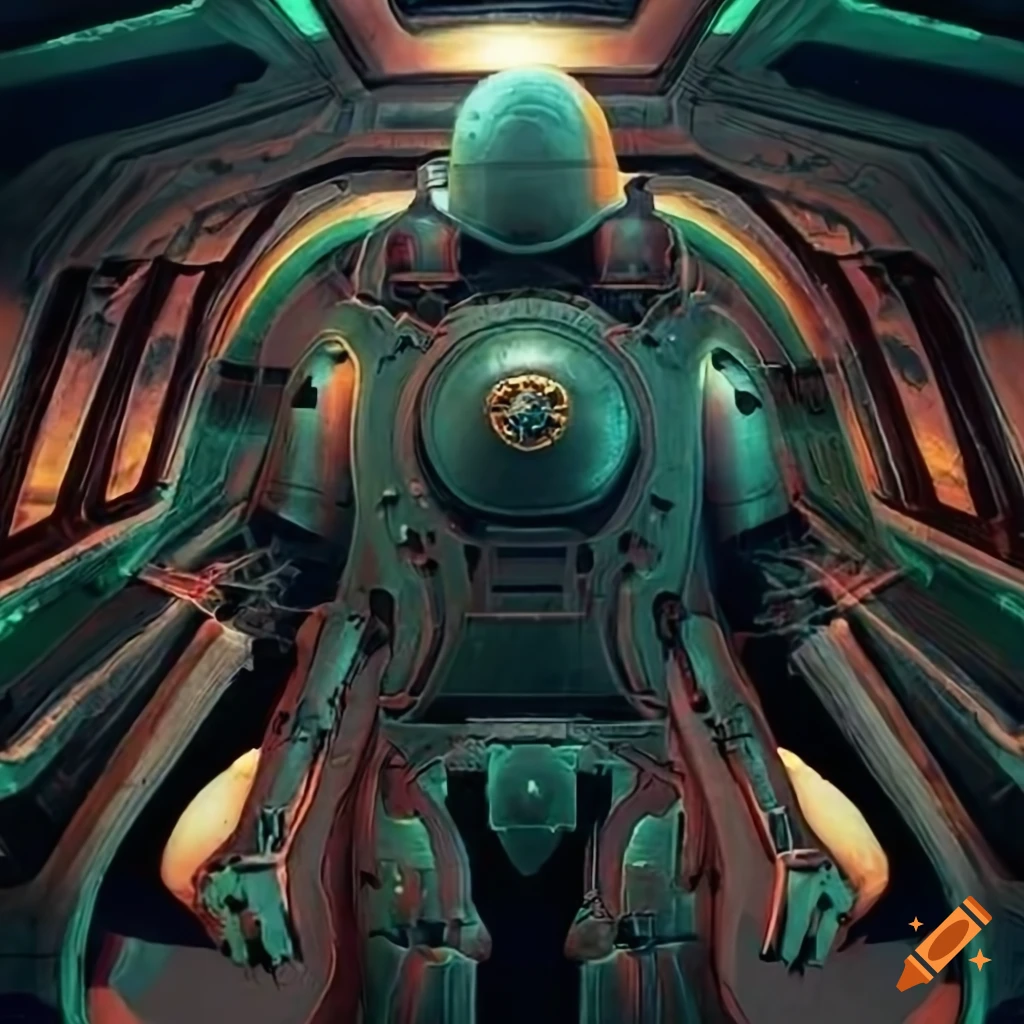 Surrealist aliens inside an asymmetrical organic spaceship with strange machines and light boards
