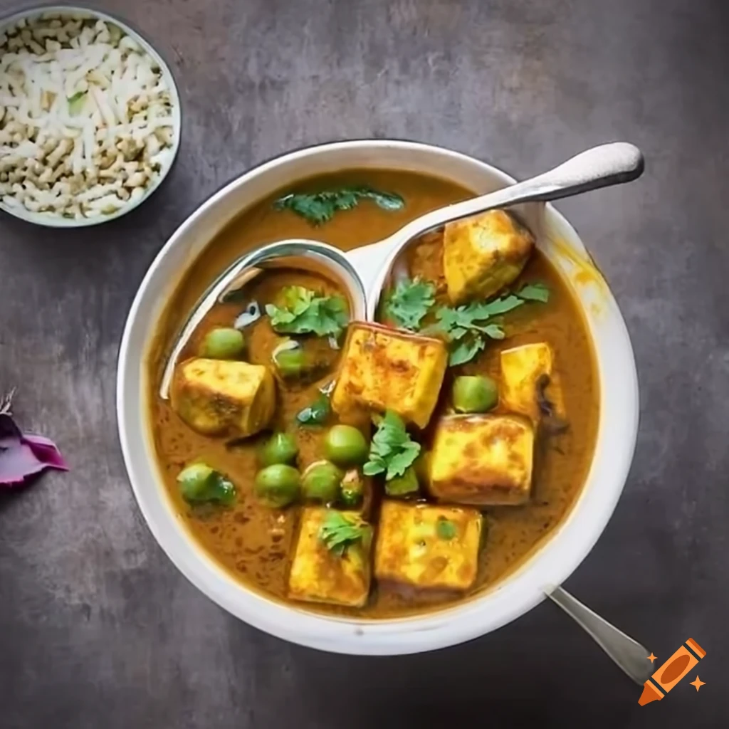 Indian style bowl of matar paneer masala curry with green coriander topping
