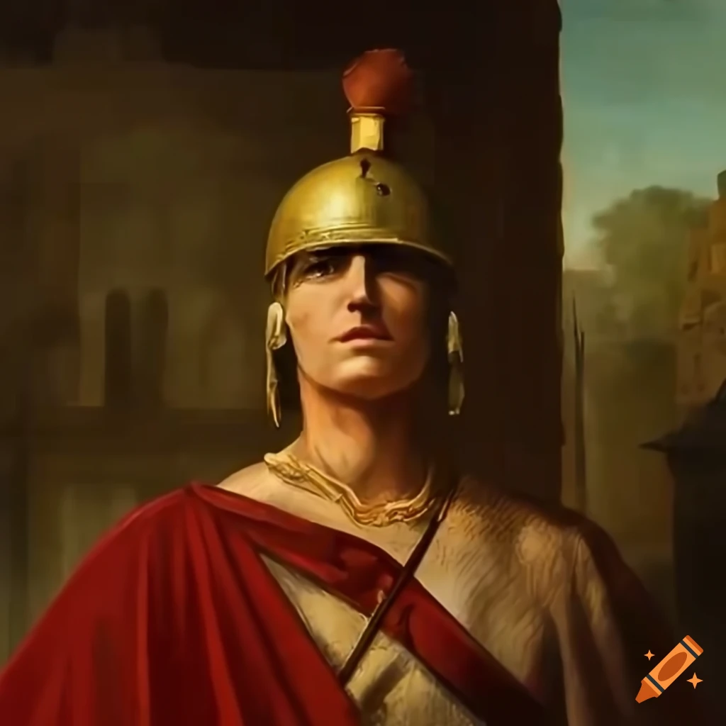 Ancient Roman soldier in front of a temple in a historic painting