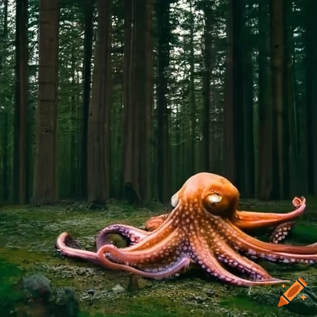 Giant octopus in a Nordic forest near a spacecraft