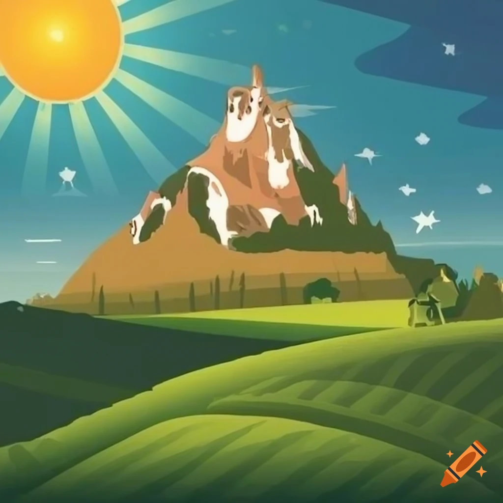 Mountain fortress with fields, cows, sun, and solar panels