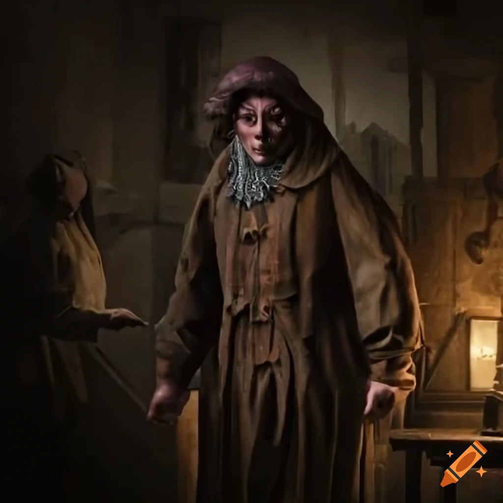 Poor, emaciated residents in overcrowded 17th-century London streets
