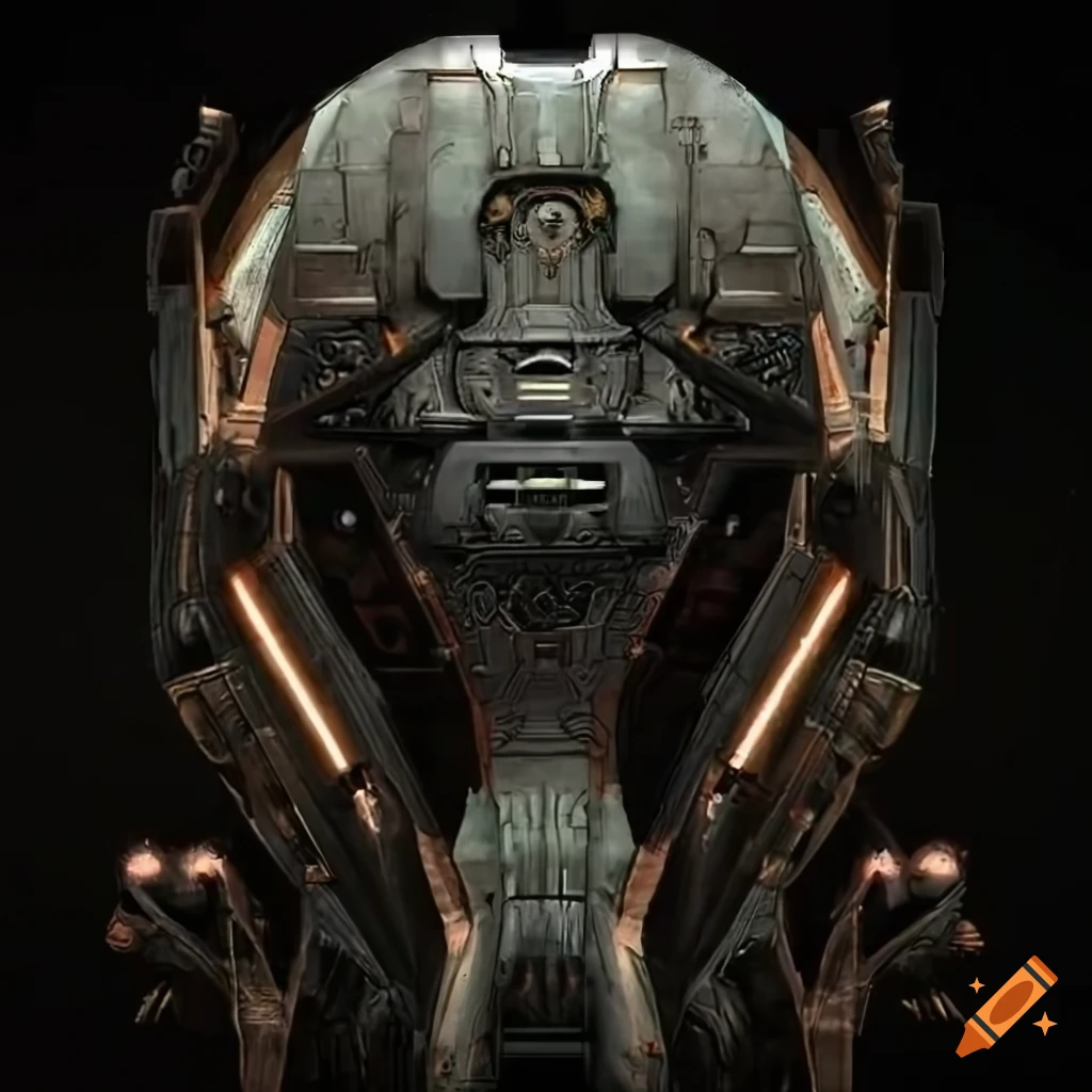 Surrealist aliens exploring an asymmetrical organic spaceship with strange machines and light boards