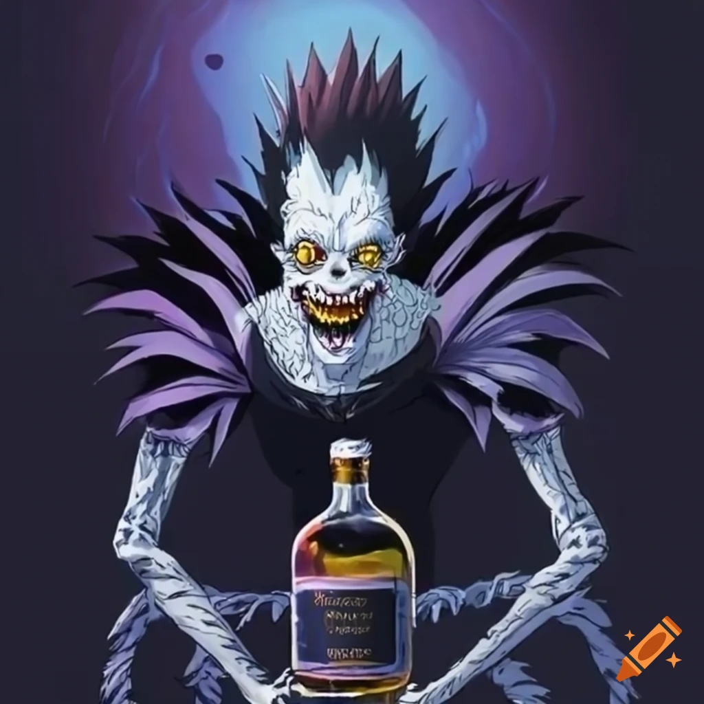 Ryuk holding a bottle of crown royal in space on craiyon