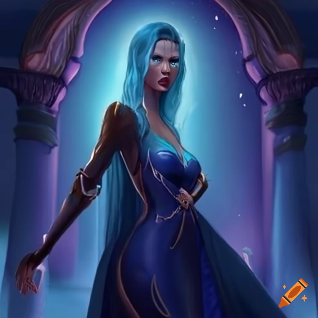 Selene, mystical being with ocean blue hair and cyan eyes
