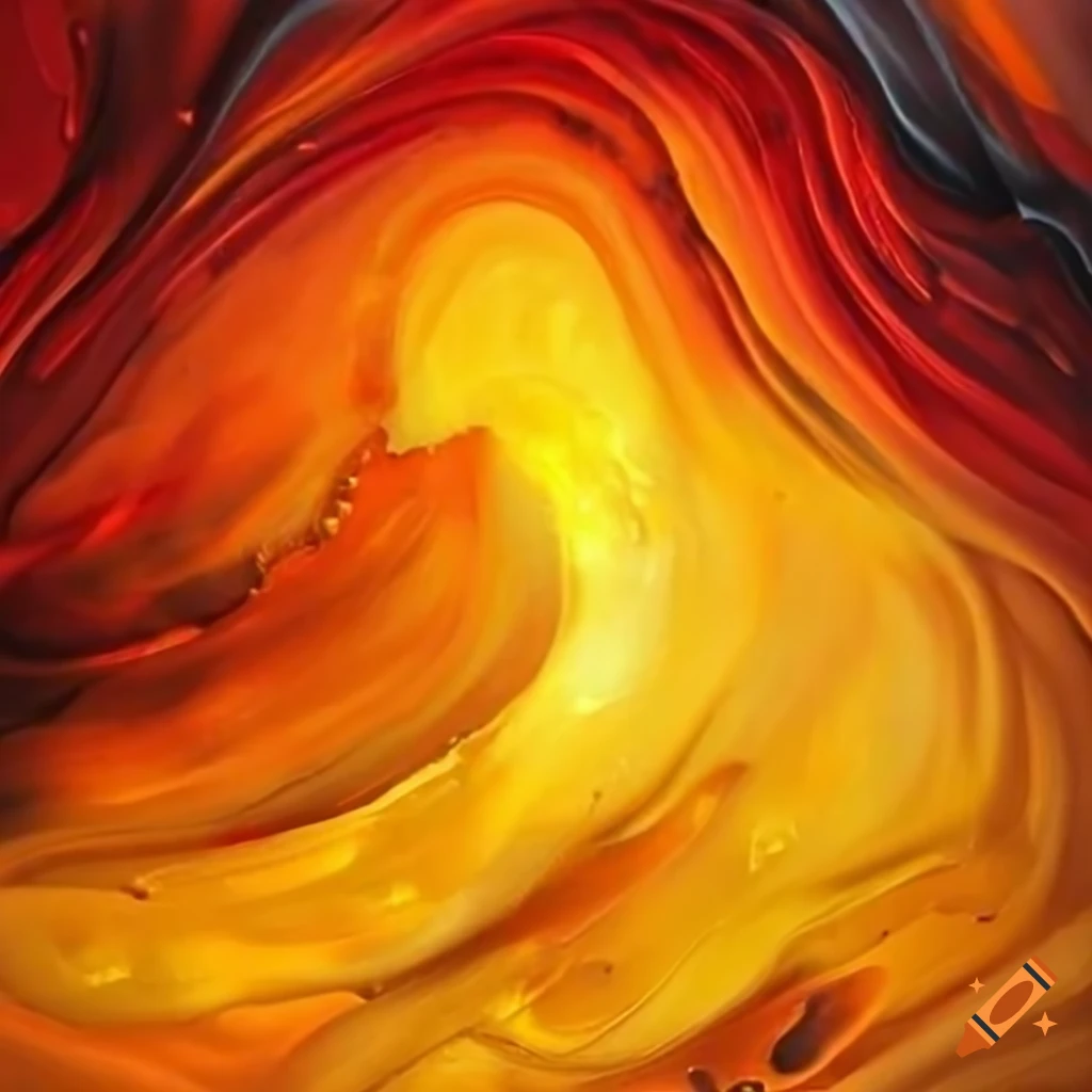 Abstract painting of a fiery sun in oil amber colors