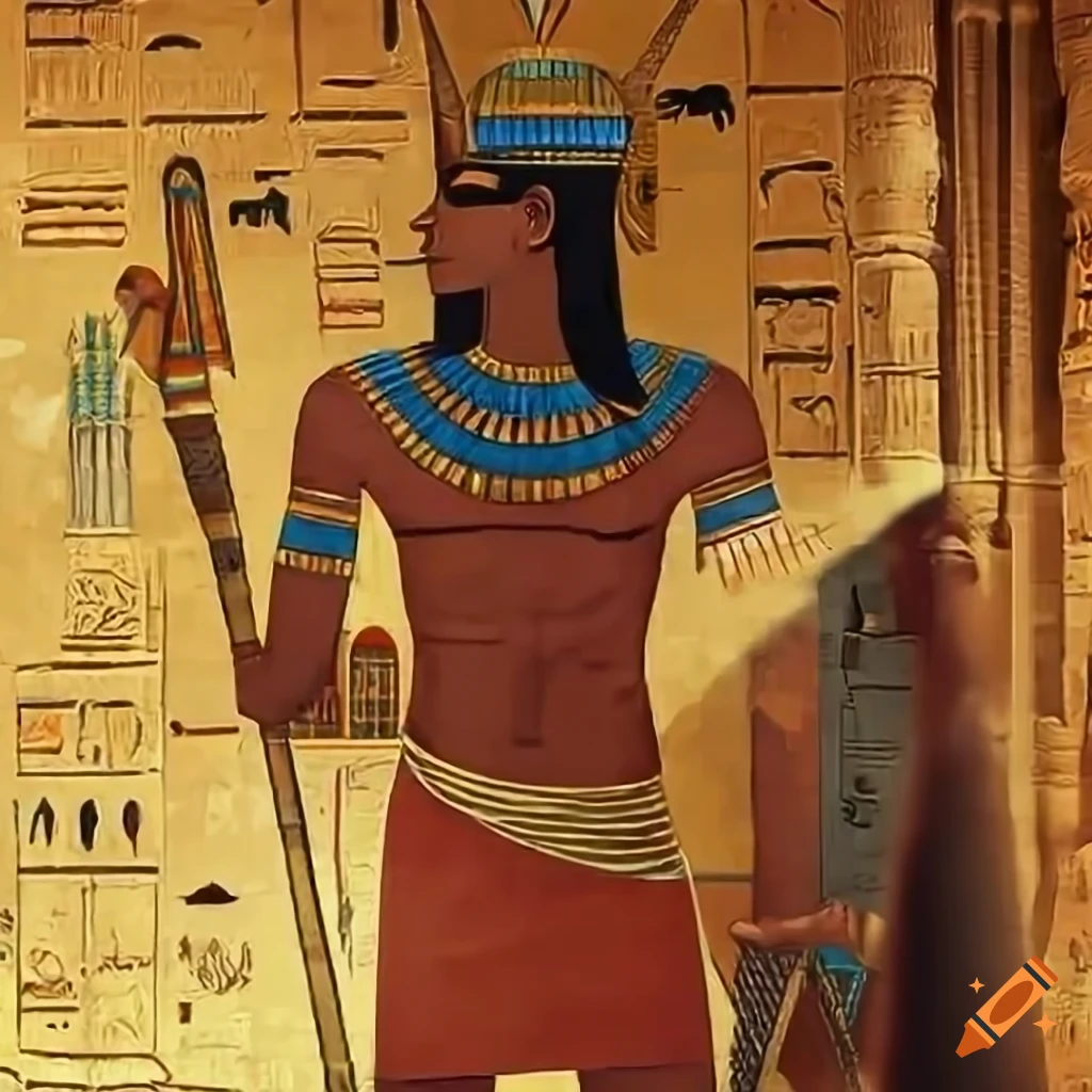 Ancient Egyptian soldier in front of temple historic painting in HD 4k