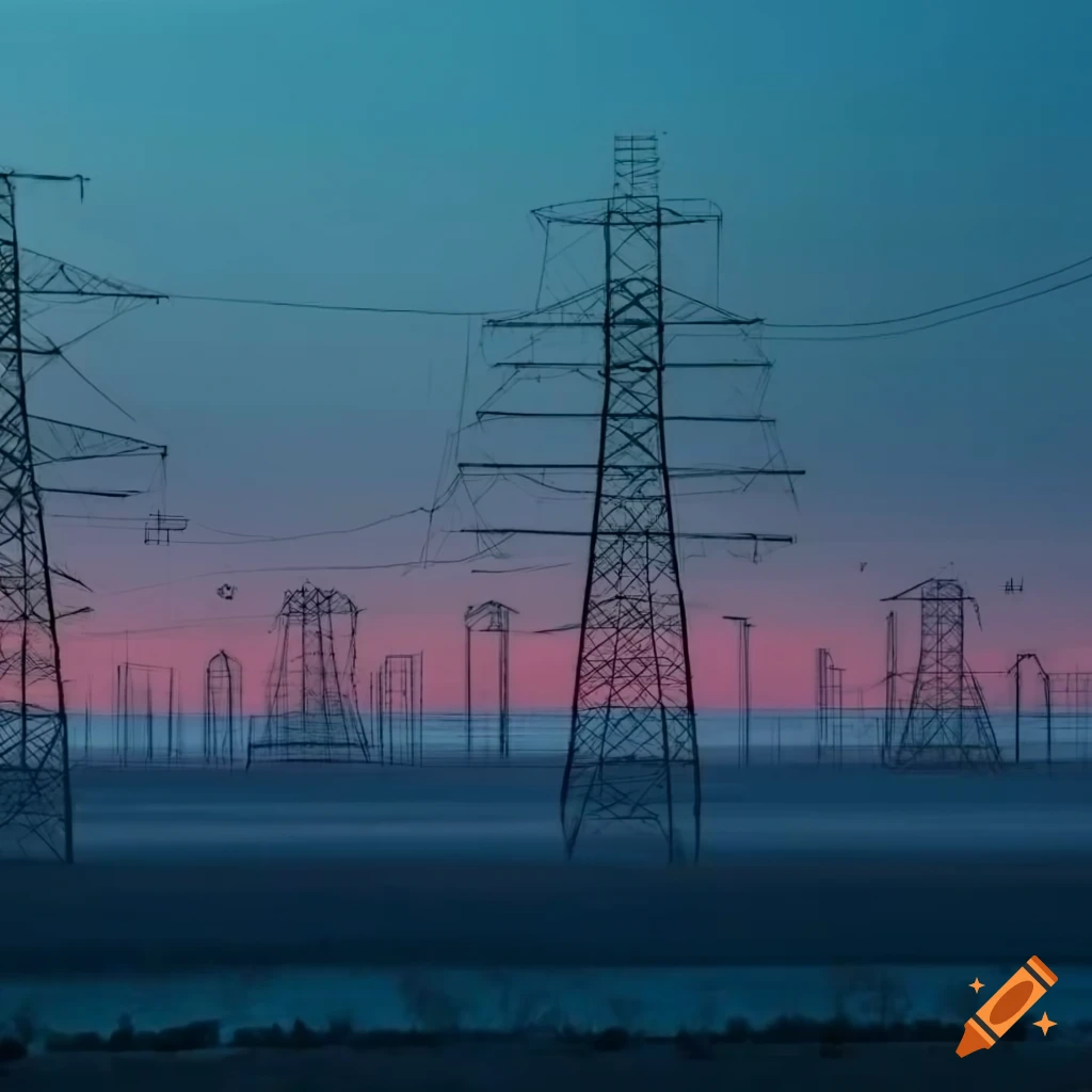 Dutch landscape with high-voltage power grid and IT networking diagrams overlay