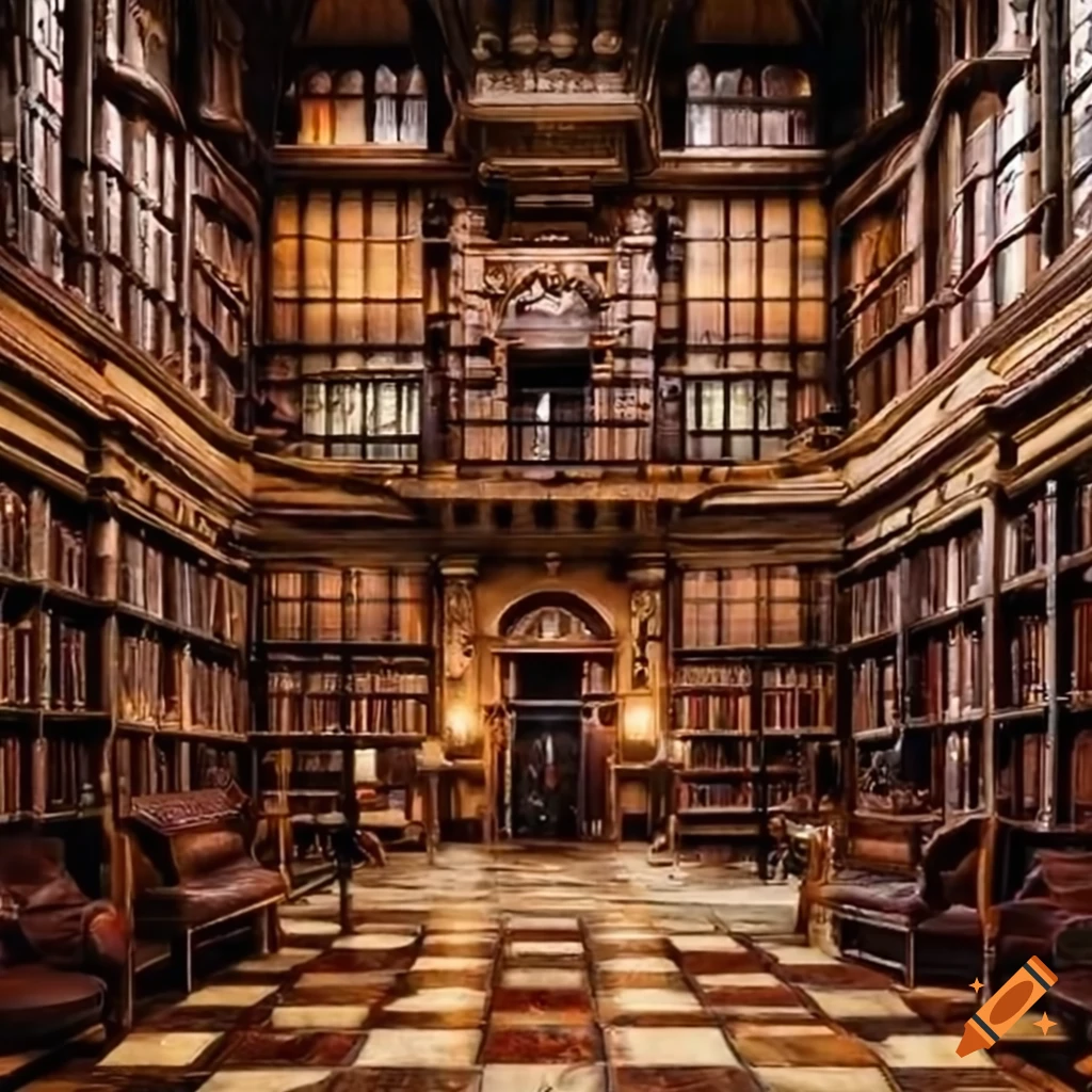 Grand library with vintage cigar lounge aesthetic
