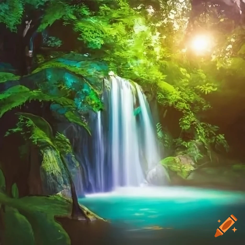 Summer daytime with a waterfall and exotic trees in watercolor