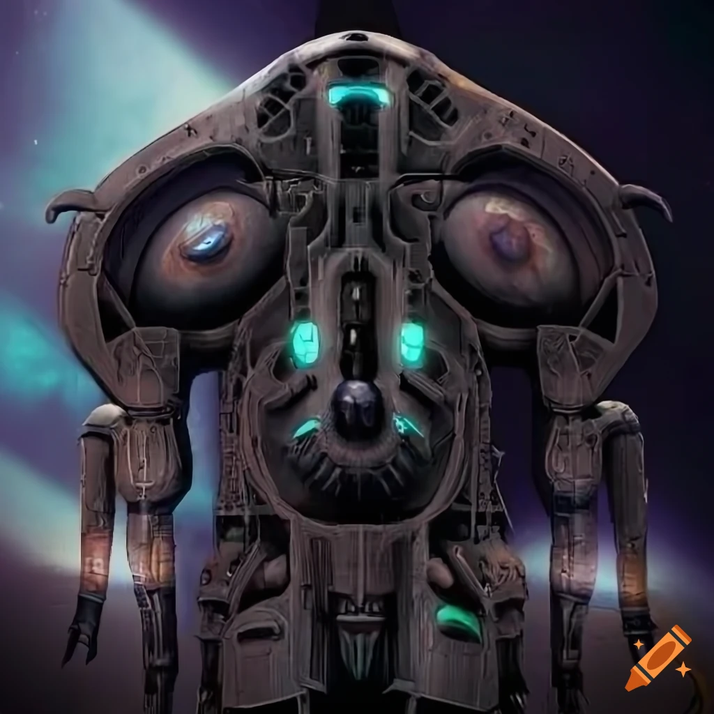 Surrealist image of aliens inside an asymmetrical organic spaceship