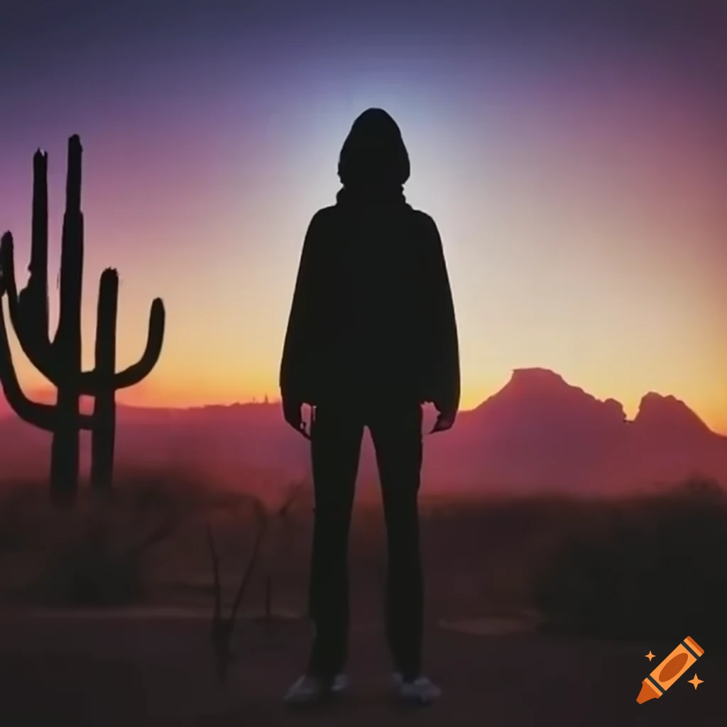 Silhouette of a mysterious scientist against a Tucson sunset backdrop