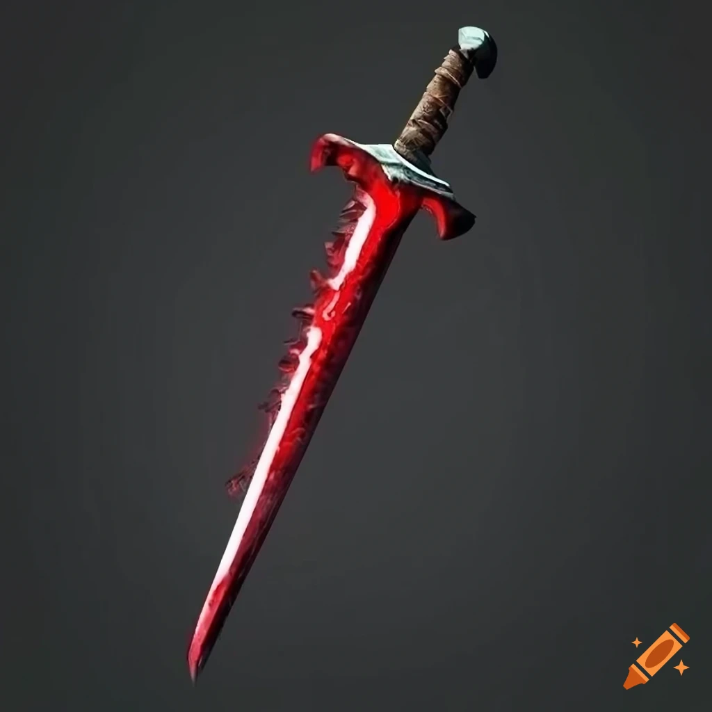Detailed full-length image of a blood-red sword with a jagged edge 