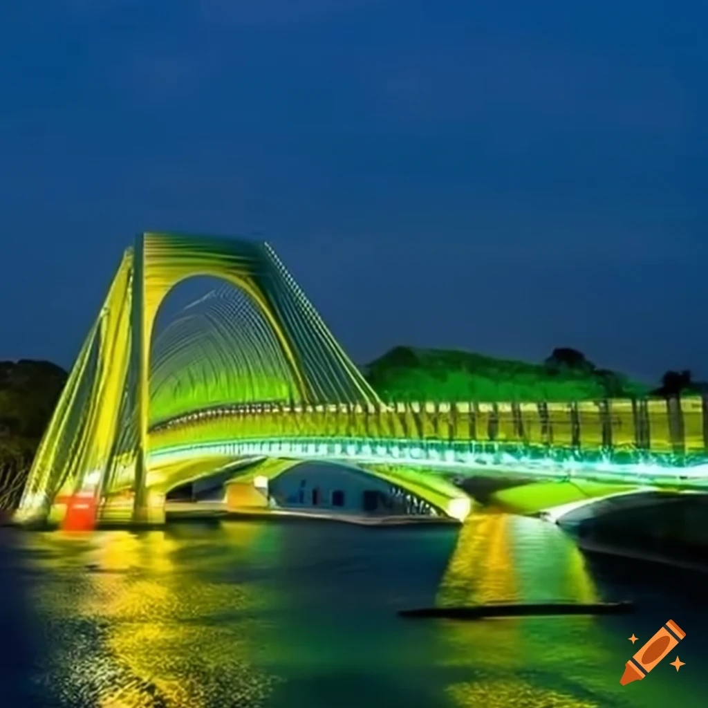 Puente de doble carril con luces LED sobre un río en la ciudad