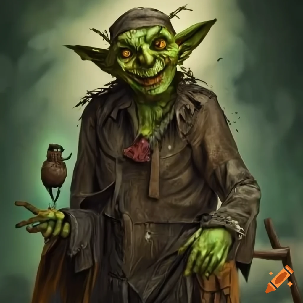 Scarecrow goblin with an owl perched on its shoulder
