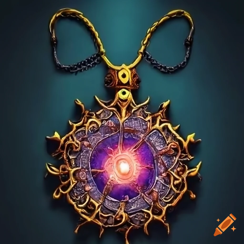 Intricately designed ornamental amulet of khoren with glowing crystals