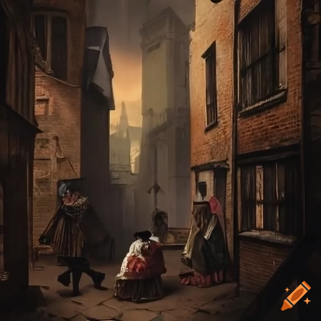 Emaciated residents in overcrowded 17th-century London alleys