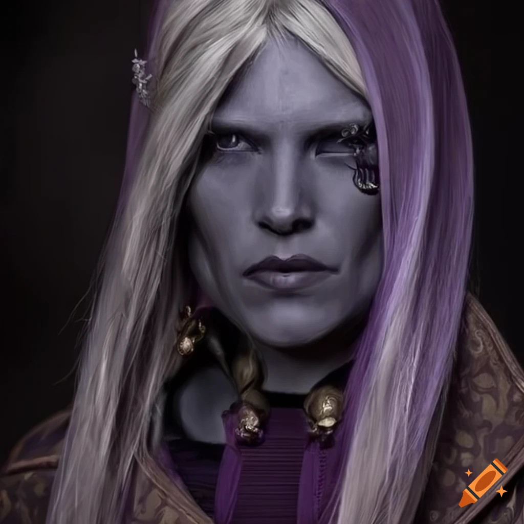 Haughty Drow with grey skin and bronze hair in purple vestments