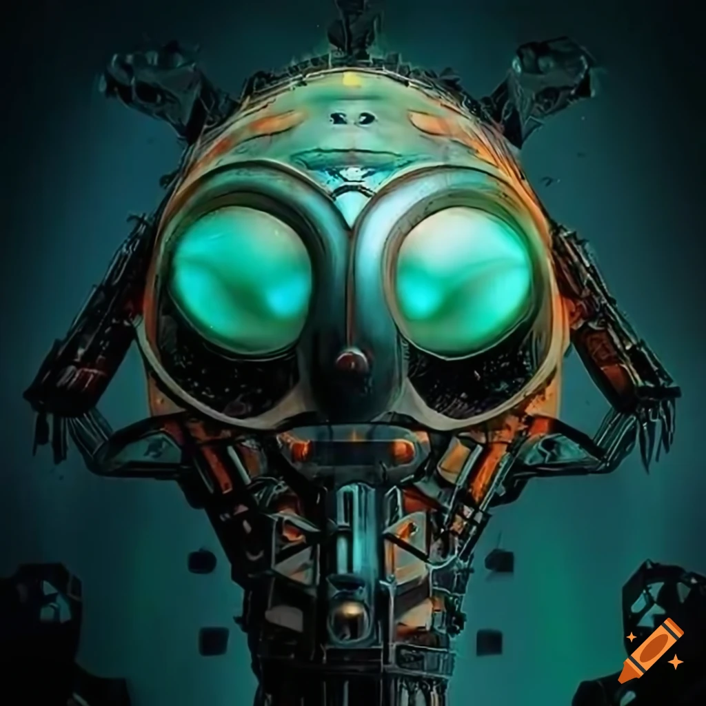 Surrealist alien visit inside asymmetrical organic spaceship with strange machines and light boards