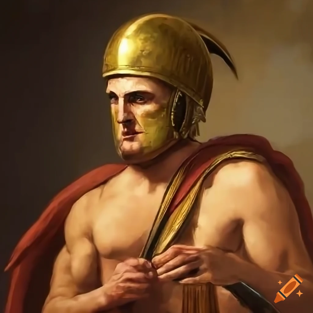 Ancient Greek soldier standing in front of a temple in a historic painting