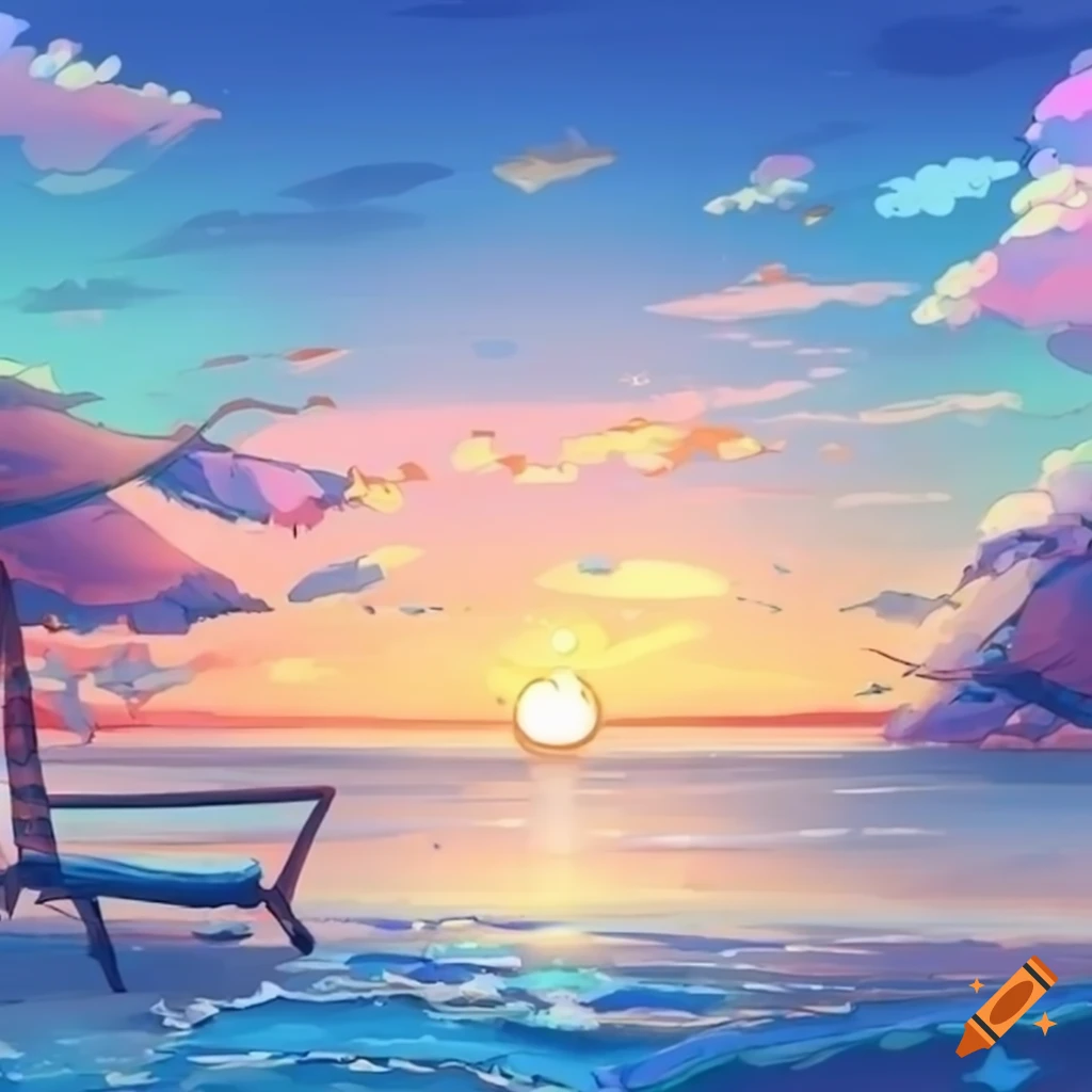 Serene beach scene in anime style