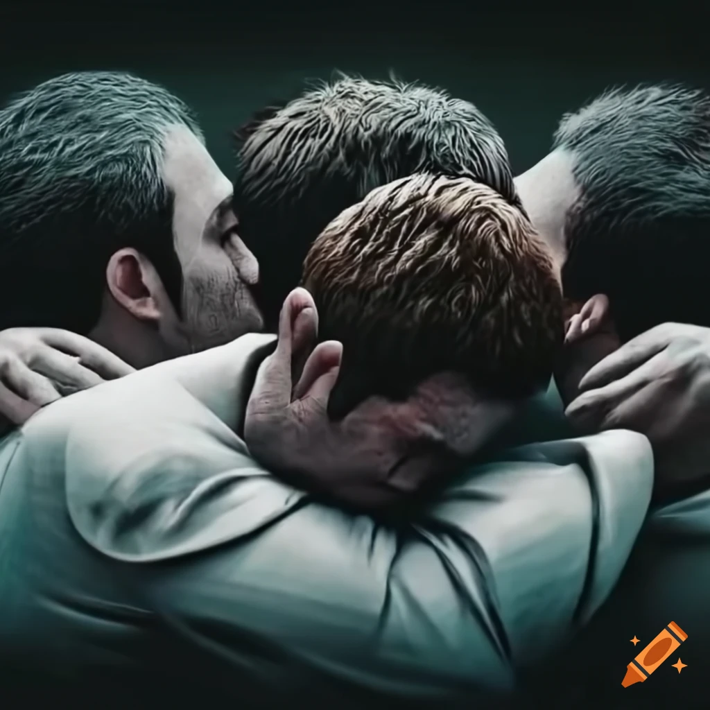 Infinite picture in picture showing three men embracing in an intertwined emotional moment