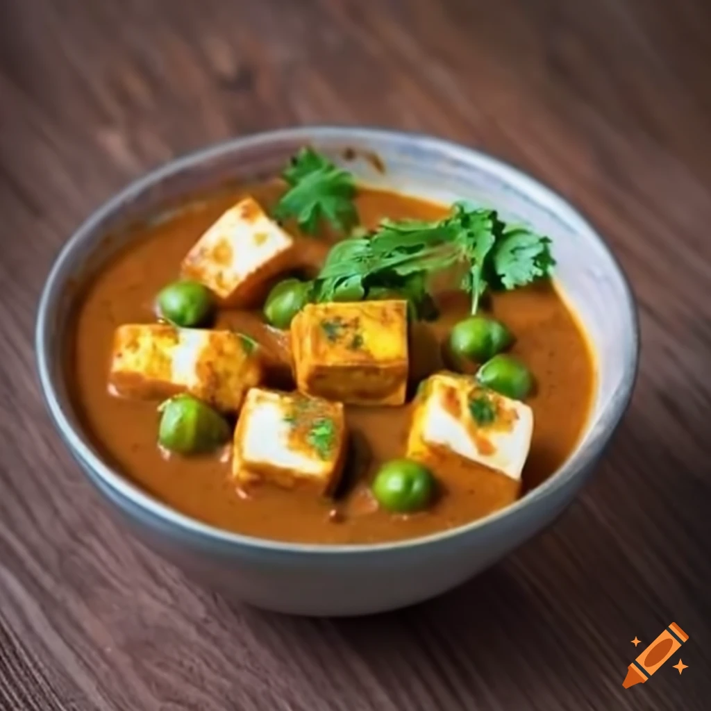 Indian style bowl of matar paneer masala curry with green coriander topping