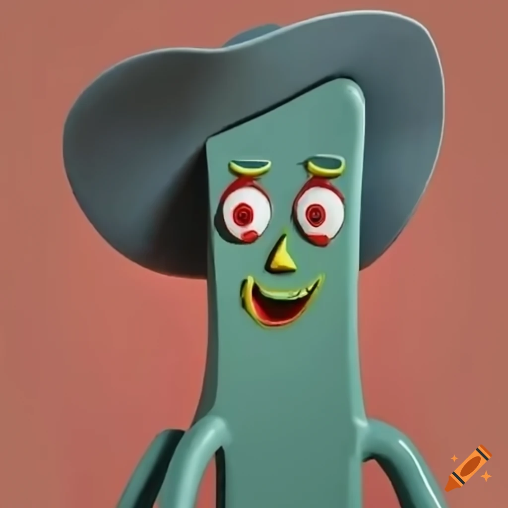Sinister Gumby in a cowboy hat with a chainsaw in a claymation style