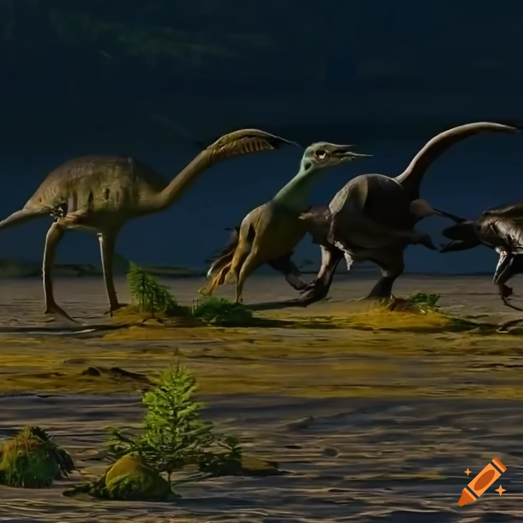 Feathered gallimimus dinosaurs with Houbara Bustard color pattern by a British Columbia lake