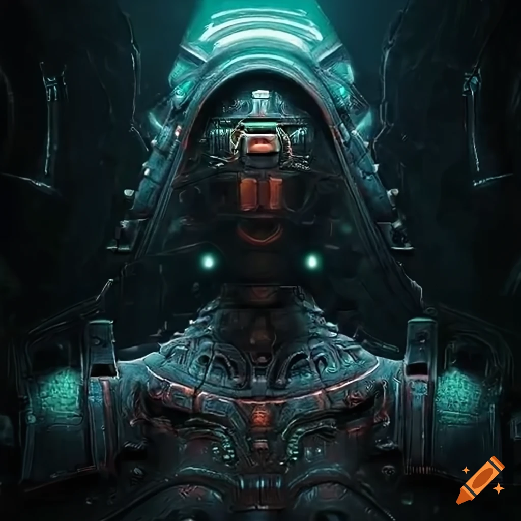 Surrealist aliens inside an organic spaceship with strange machines and light boards
