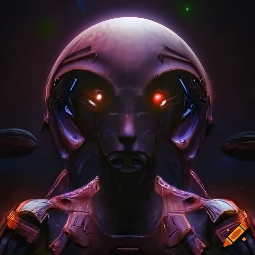 Surrealist alien visit inside asymmetrical organic spaceship with strange machines and light boards